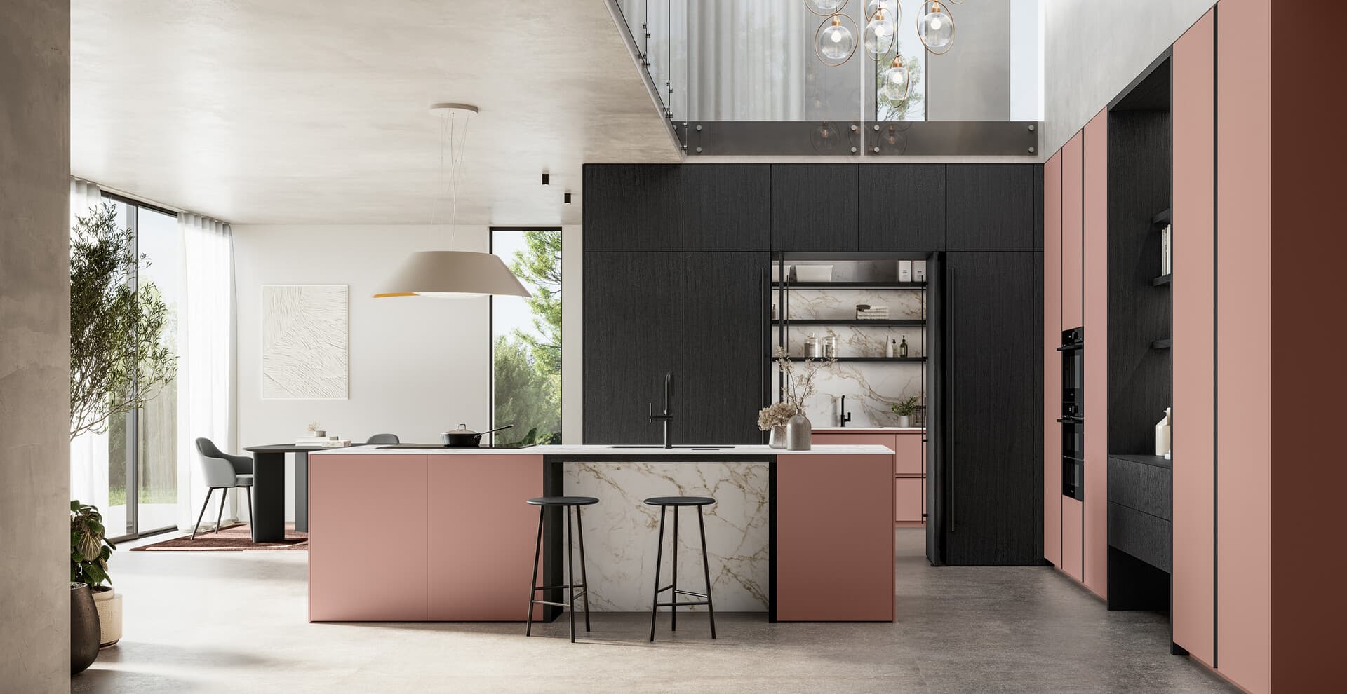 Cucina moderna a vista sul soggiorno